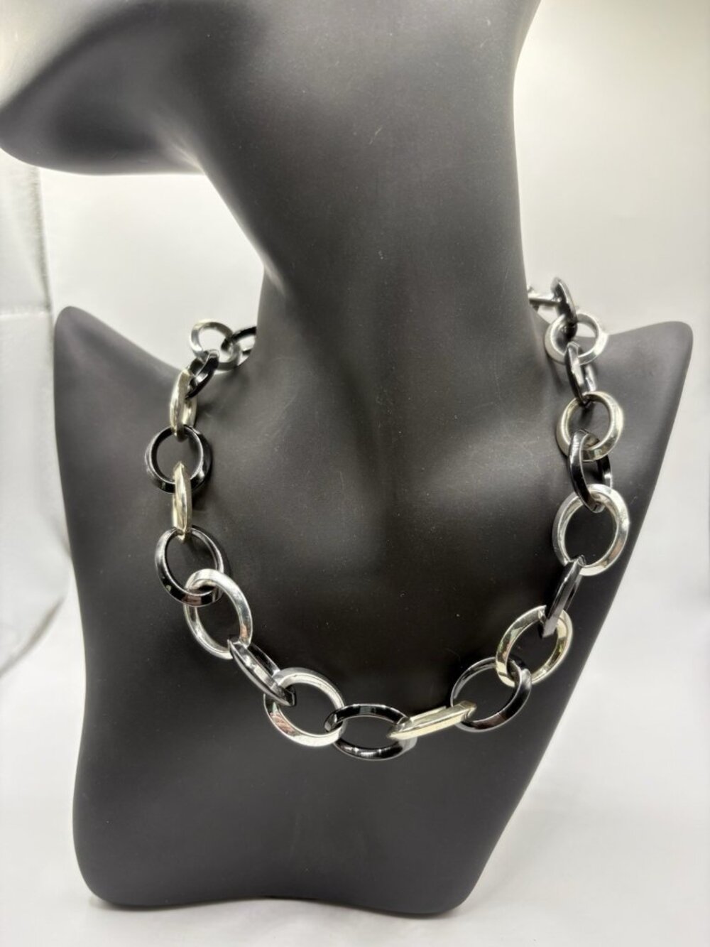 Ralph Lauren LRL Black Enamel Silver Chain Link Necklace